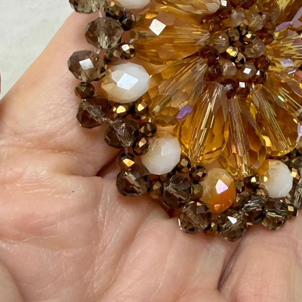 Amber Glass‎ Bead Sunburst Pendant Necklace Bronze Tone Long Boho Statement